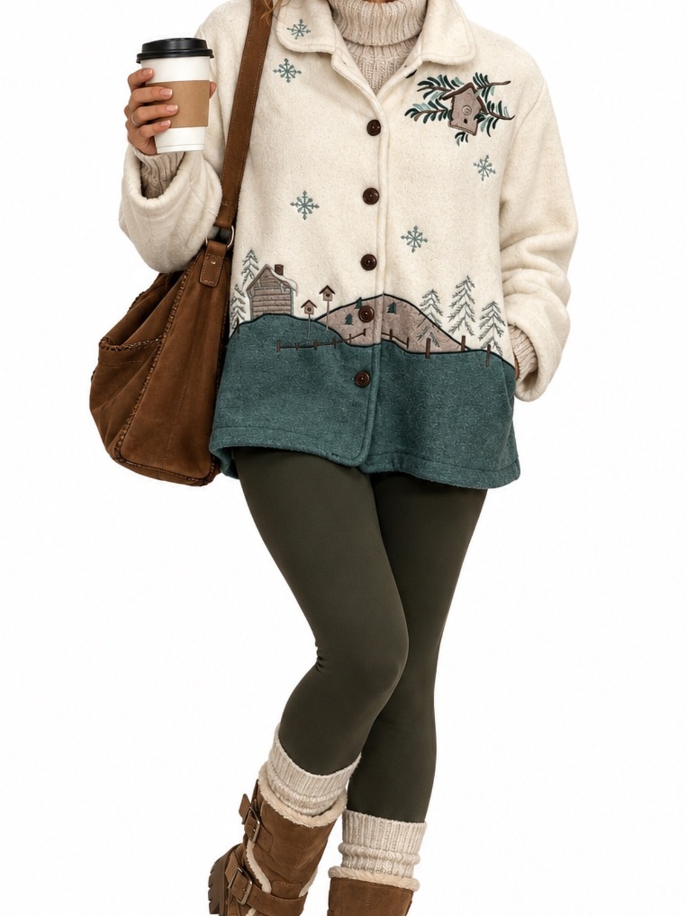 Teddi Vintage Cream & Teal Button-Front Fleece Sweater Jacket